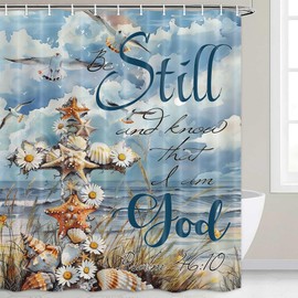 Nautical Coastal Shower Curtain, Ocean Beach Watercolor Christian Cross Bible Verse Anchor Floral Bath Curtain Set, Seasides Inspirational Quote Blue Decor Shower Curtain Bathroom with Hook 70X70IN