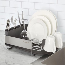 KitchenAid Compact, Space Saving Rust Resistant Dish Rack, with Angled Self Draining Drain Board and Removable Flatware Caddy, 16.06-Inch, Gray