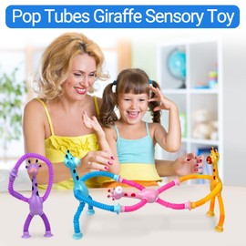 Giraffe Sensory Pop Tubes, 4 Pack Telescopic Suction Cup Giraffe Toy, Toddler Autism Fidget Travel Toys, Gifts for Kids Baby Age 3 4 5 6 7 8 9 Year Old Boys Girls