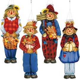 Moucuny 4 Pcs Fall Windsock Thanksgiving Windsocks Flag Fall Yard Decorations Outdoor Hanging Decor Garden Windsock for Outside Fade Resistant Flag for Autumn Yard Party Decorations(Scarecrow)