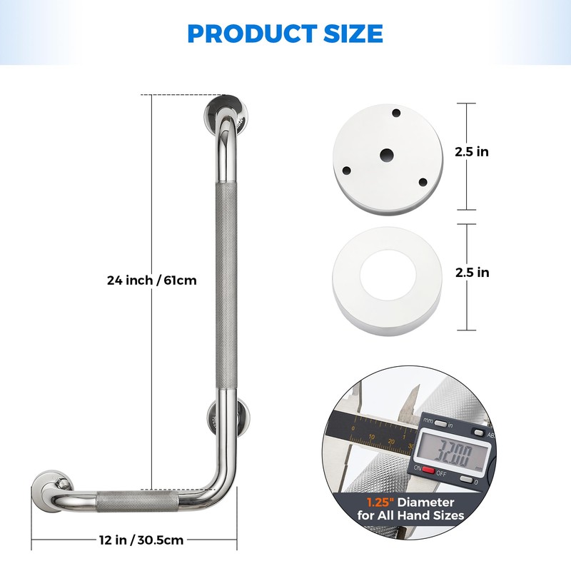 L-Shaped Grab Bars for Shower, 24x12 Inch Stainless Steel Grab