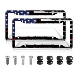 TOVIIEA American Flag License Plate Frames Holder,Aluminum Novelty Decorative License Plate Protector with Screws for Men/Women,Car Decoration Accessories,2pcs-Blue Black American Flag