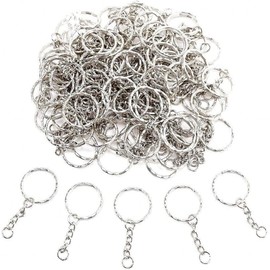JZK 100x Split Metall Schlüsselringe 25mm mit Gliederkette + Mini offener Sprung Ringe für Auto, Haus, Arbeit DIY Handwerk Projekte, Silber.