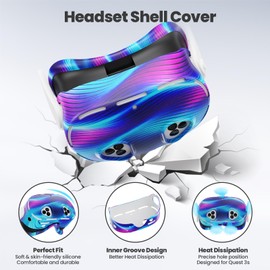 Silicone Cover Set Compatible with Meta/Oculus Quest 3s Accessories, VR Silicone Face Cover, VR Shell Cover,Touch Controller Grip Case,Camera Lens Protector Set (Colorful A)