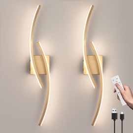 Sovinzert Battery Operated Wall Sconce Set of 2,Gold Wall Sconces with Remote Control,3000K-6000K Modern LED Wireless Wall Light for Living Room, Hallway, Bedroom, 39.3 Inch (2 Pack)