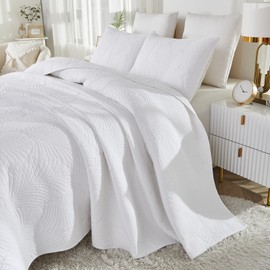 Brandream White Quilt Bedding Set Queen Size Cotton Luxury Palm Matelasse Quilt Set Quilted Bedspread Coverlet Set 3-Piece