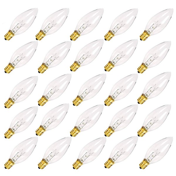 25 Pack Clear Torpedo Tip Replacement Light Bulbs, Steady Burning Crystal Candelabra Light Bulbs for Chandeliers, Electric Candle Lamp, Window Candles, Nightlight- 7 Watt - E12 Candelabra Base