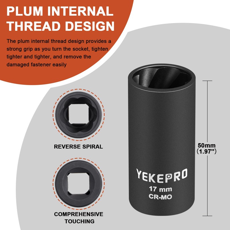 17mm 1/2" Drive Lug Nut Remover for Damaged, Rusted, Nuts