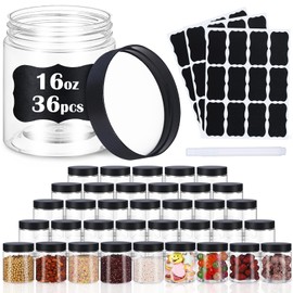 sietpoek 36 PCS 16 OZ Plastic Jars with Screw On Lids, Pen and Labels Refillable Empty Round Slime Cosmetics Containers for Storing Dry Food, Makeup, Slime, Honey Jam, Cream, Butter, Lotion, black