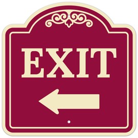 Exit with Left Arrow Décor Sign, Burgundy Dark, 18x18 Inches, Rust Free .063 Aluminum, Fade Resistant, Made in USA