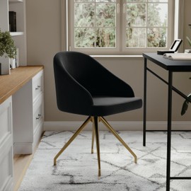 Martha Stewart Sora Stationary Swivel Task Chair with Sloped Arms for Home Office in Black Velvet with Polished Brass Frame