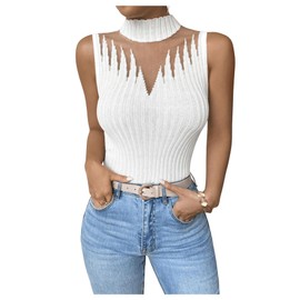 Floerns Women's Mock Neck Sleeveless Sweater Vest Contrast Mesh Ribbed Knit Pullovers White Large