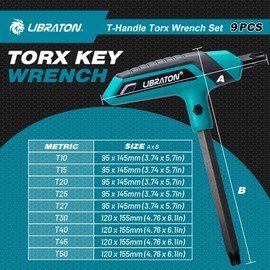 Libraton T-Handle Torx Wrench Set, T10-T50 Torx Star Wrench, Two-Tip Design, DIY & Auto Bike Repair Tool, 9PCS with Storage Rack