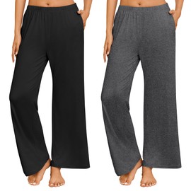 Ekouaer 2 Pack Women Pajama Pants Soft Casual Pajama Bottoms Comfy Wide Leg Sleep Pants Pj Bottoms with Pockets Black/Dark Grey L
