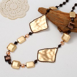 Xalroco Long Necklace / Beaded Statement Necklace / Adjustable Cord and Fabric Necklace with Geometric Metals, Braided Balls, Ceramic, Shell, Lava or Natural Stone Beads / Fashion Jewelry (Brown/Geometric Metals)
