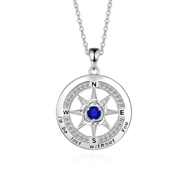 Compass Necklace Gifts for Women Wife, S925 Sterling Silver Birthstone Necklaces for Mom, I'd Be Lost Without You' Anniversary Birthday Gifts for Her, Valentines Day Christmas Gifts Jewelry for Women(Compass SEP)