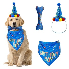 Dog Birthday Party Decoration Set, Dog Boy Bandana Hat Toy Set, Birthday Scarf Triangle Bibs Cute Bone Birthday Hat with Number for Pet Party