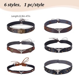 PLIGREAT 6 Pcs Leather Cowboy Hat Bands, Replacement Men Women Western Hat Decoration for Cowboy Hat Straw Fedora Panama Hat Belts Classical Vintage Brown Leather Hatband