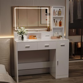 Vanity Desk with Mirror and Lights, Large Vanity Table with Charging Station, Makeup Vanity with Drawers for Bedroom Dressing Room, Women Girls (White)