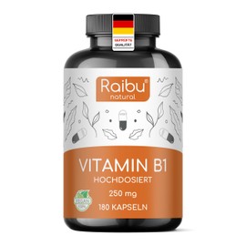 RAIBU Vitamin B1 (Thiamin), 250 mg pro Kapsel - 180 Vegane Kapseln, 6 Monatsvorrat - Hochdosiert Vitamin B1, Hohe Bioverfgbarkeit - Essenziell fr Nervensystem und die Energie - Ohne unerwnschte Zus?tze