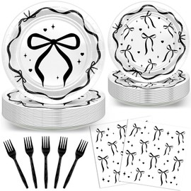 Avezano 96pcs Black Bow Plates and Napkins Black Bow Birthday Party Decorations Balck and White Bow Birthday Decorations Disposable Tableware Serve 24