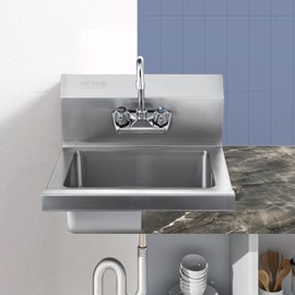 VEVOR Commercial Hand Sink with Faucet and Side Splash, NSF Stainless Steel Sink for Washing, Small Hand Washing Sink, Wall Mount Hand Basin for Restaurant, Kitchen, Bar, Garage and Home, 17x15 inch