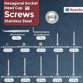 Kozelo 480pcs M3 Socket Head Cap Screws Bolts Nuts Assortment Kit - [M3x30/35/40/45/50/55/60mm] 304 Stainless Steel Allen Socket Drive for 3D Printer with Allen Wrench