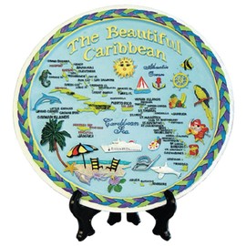 Decorative Plate - Caribbean Islands Blue Map Souvenir and Gift Kitchen Plate with Display Stand 8" Inch Porcelain Plate (Caribbean)