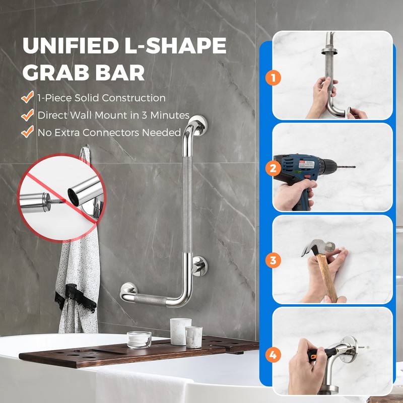 L-Shaped Grab Bars for Shower, 24x12 Inch Stainless Steel Grab