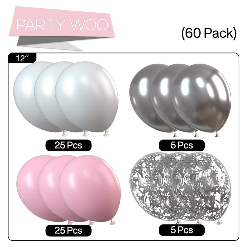 PartyWoo Pink Balloons Set, 60 Pcs Pink & White, Silver