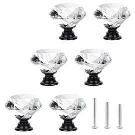 OctinPris 6pcs 30mm Crystal Glass Knobs Door Drawer Wardrobe Pull Knob Diamond Shaped with Blackbase Handles for Cupboard, Cabinet, Dresser in Bathroom, Kitchen, Office ect.