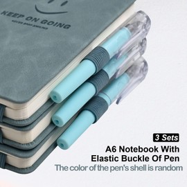 BieFuDan Pack of 3 A6 Notebook with Pen Holder, Mini Smiley Notebook with 3 Gel Pens Black, Mini Notepad Set Suitable for Office and School, Smile Design Diary / Diary with Elastic Band (Blue)