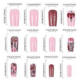 QQPPOLIU Valentine Press on Nails Medium Glue on Nails Square Fake Nails Red Acrylic Nails Glitter Artificial Nails Press Ons for Women 24pcs