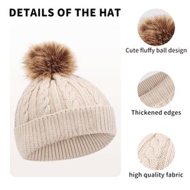 Kids Knitted Hat Scarf and Gloves Set, Toddler Winter Warm Pom Pom Hat Beanie Fleece Lining Scarf Gloves Cold Weather 3 Piece Set for Boys and Girls 2-7 Years