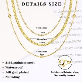 JeweBella 3 Pieces Women's Stainless Steel Chain Gold Women's 14K Gold-Plated Flat Snake Chain Figaro Chain Adjustable Multi-Row Chain Set Gold Layering Necklace Waterproof Choker Chain Jewellery,