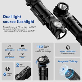 WUBEN L1 Rechargeable Flashlight High Lumens, 2000 Lumen Bright Tactical Flashlight, Dual Light Sources Pocket Flashlight, IP68 Waterproof Magnetic Camping Flashlight for Home Outdoors Emergency (P9)