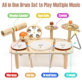 Kids Drum Set - 11 in 1 Wooden Musical Instruments for Toddlers 3+, Montessori Toys for Baby Boy Girls Easter Christmas Birthday Gifts for Kids Age 3 4 5 6