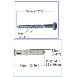 HAFD Heavy Duty Wall Anchor for Coach Screws 8x70mm with 12x60mm Plastic Plugs, Strong Fixings for Brick, Concrete, and Stone Pack of 7