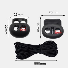 ZJYCLY Topper Draw Cord, 2 Holes, Shoelace Lock, Cord End, Drawcord (21.7 inches (550 mm) Rope + 10 Cord Ends, Black)