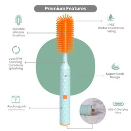 Büki Electric Baby Bottle Cleaning Brush Set - Rechargeable Electric Bottle Brush with Straw Cleaner - Water Bottle Cleaning Kit, Nipple Brush, 1200mAh Brush Cleaner (by Kindersense)