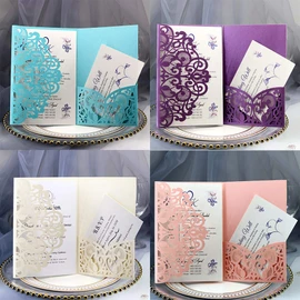 Wedding Invitation Cards,10pcs Laser Cut Floral Design Invites Pocket for Bridal Showers, Engagement Parties, Includes Covers, Blank Inserts (Pink)
