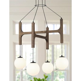 Vintage Milk Glass Pendant Light, Mid Century Wood Chandelier with Rustic Farmhouse Design, 4-Light Hanging Fixture for Kitchen Island, Dining Room, Bedroom Stairwell