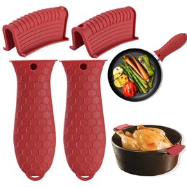 Silicone Hot Handle Holders Cover 4 Pack Cast Iron Skillet Handle Cover Pot Handle Holder Sleeve Non-Slip Heat Resistant Removable Potholder for Metal ​Frying Pans Aluminum Cookware Handles (Red)