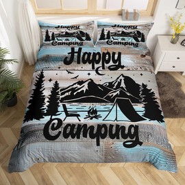 Rustic Farmhouse Style Comforter Cover Camping Themed Bedding Set for Boys Kids Teens Lodge Cabin Duvet Cover King Happy Glamping Trailer Camper Decor,Camfire Tent Retro Old Barn Door Room Decor