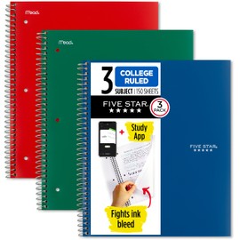 Five Star Spiral Notebook + Study App, 3 Pack, 3 Subject, College Ruled Paper, Fights Ink Bleed, Water Resistant Cover, 8-1/2" x 11", 150 Sheets, Green, Red, Blue (820193)