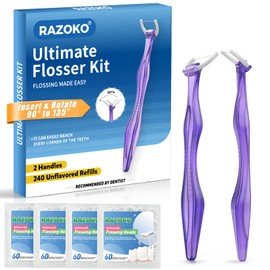 RAZOKO Flosser Kit, Shred-Resistant, Insert & Rotate 90° to 135° for Hard-to-Reach Areas, PTFE & PFAS Free, 2 Handles + 240 Refill Heads, Purple