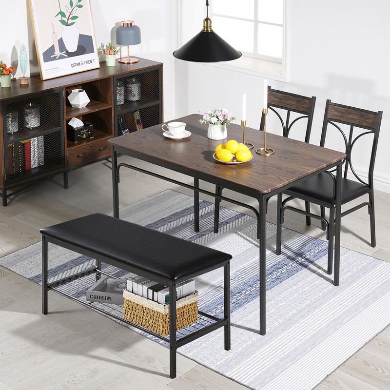 VECELO Kitchen Dining Table Set with Upholstered Bench & 2