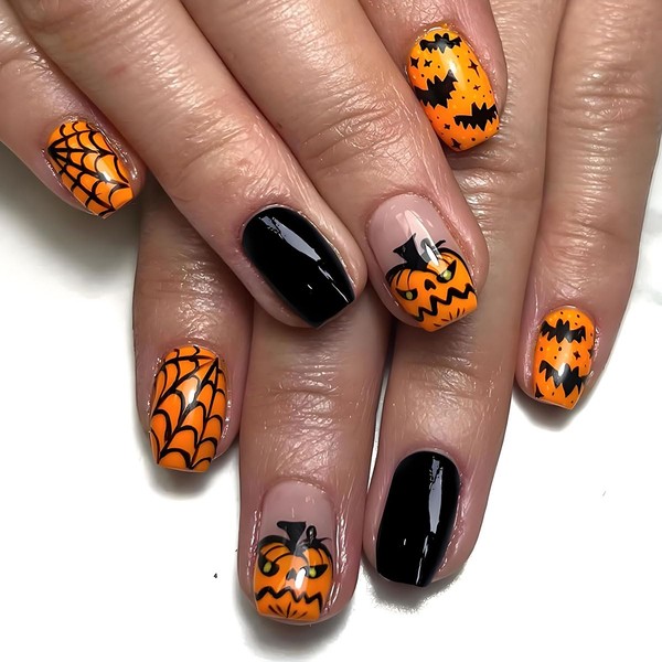 Halloween Press on Nails Short Square Fake Nails with Orange