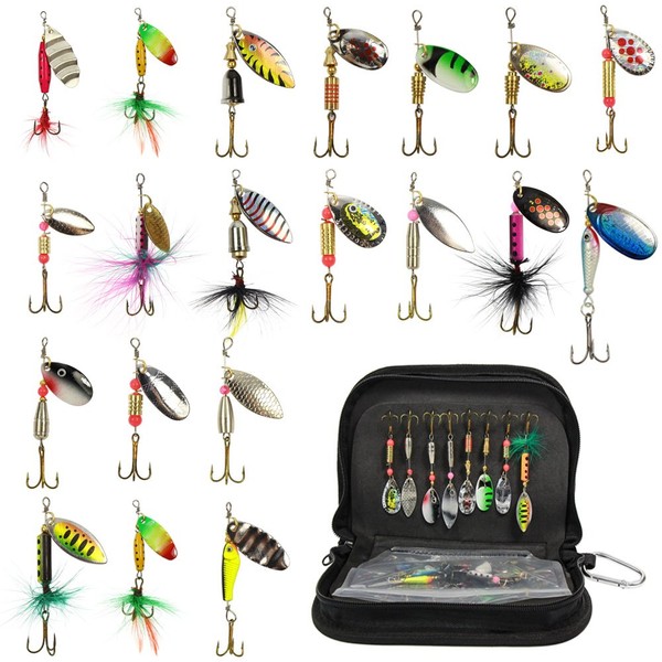 Fishing Spinner Kit 20PCS Spinnerbaits Fishing Spinning Lure Metal Bait Bass Lures for Bass, Salmon, Pike or Walleye with Portable Carry Bag