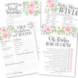 50 juegos de fiesta de bebé floral para niñas – 4 juegos de doble cara, tarjetas de predicción y consejo de bebé, trivia para bebé, verdadero o falso juego de baby shower, palabra de bebé Scramble Baby Shower juego para jugar